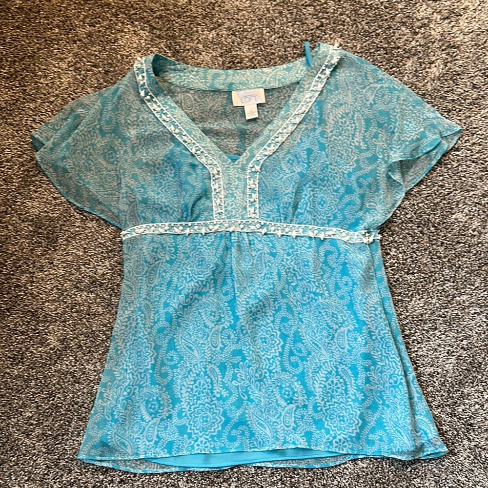 LOFT Blue Embellished Cap Sleeve Blouse